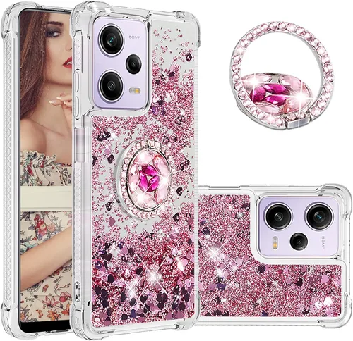 Vista 10 de CCSmall Funda transparente con purpurina para Xiaomi Redmi Note 12 Pro 5G, cubierta brillante de arena movediza líquida con soporte de anillo de Con
