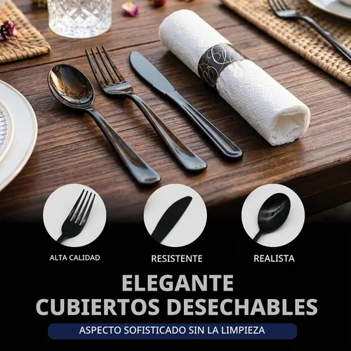 Vista 6 de Party Essentials Juego de cubiertos preenrollados desechables para fiestas, juego de cubiertos de plástico envuelto con servilleta, cucharas