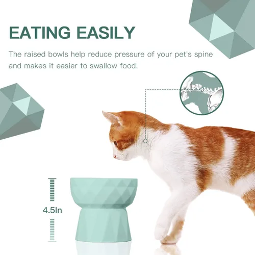 Vista 3 de Frewinky Cuencos para gatos, cuencos de cerámica para gatos antivómitos, juego de cuencos elevados para alimentos y agua para gatos y perros Verde