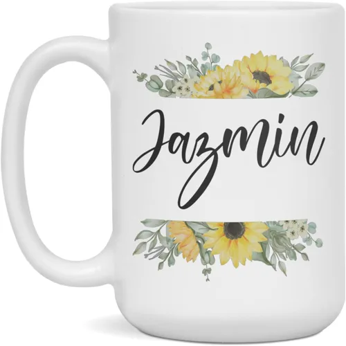 Vista 3 de Personalized custom name Jazmin mug Sunflower design, 11-Ounce White