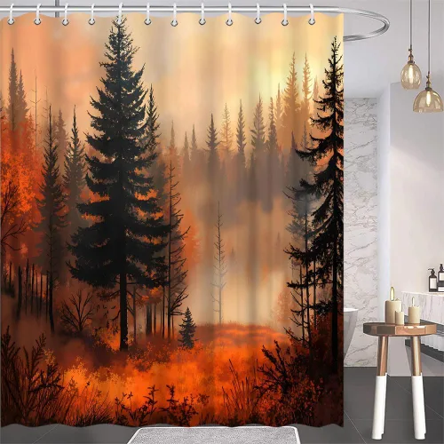 Vista 3 de Cortina de ducha de árbol del bosque otoñal, Halloween, bosque brumoso, pino, montaña, niebla, selva, terror, otoño, país de las maravillas, juego