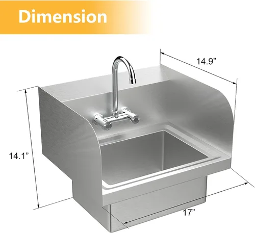Vista 4 de VINGLI Fregadero comercial de lavado de manos de acero inoxidable con protector de salpicaduras lateral, fregadero de utilidad de montaje en pared