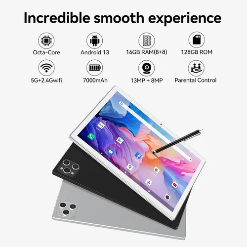 Vista 2 de ANTEMPER Tableta, tableta Android de 10 pulgadas con 128 GB de ROM, 16 GB de RAM (hasta 2 TB), procesador Octa-Core, tableta WiFi 5G, con funda
