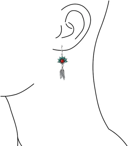 Vista 3 de Aretes colgantes de plata de ley 925 con forma de flor de calabaza de estilo nativo americano del suroeste para mujeres y adolescentes, Coral Metal