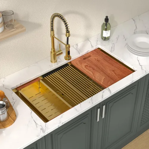 Vista 2 de Lordear 33 Inch Matte Gold Double Bowl Kitchen Sinks Gold-Workstation