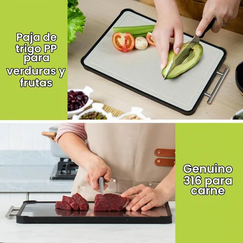 Vista 7 de Tabla de cortar de acero inoxidable, tablas de cortar de acero inoxidable 316 de doble cara para cocina, tabla de cortar PP 2 en 1 de grado