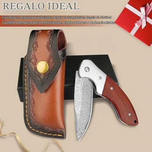 Vista 7 de KOMWERO Cuchillo de bolsillo de damasco, afilado núcleo de acero de Damasco VG10 Hoja DMJN Wood Handle, Folding Knife for Men Women, Pocket Clip