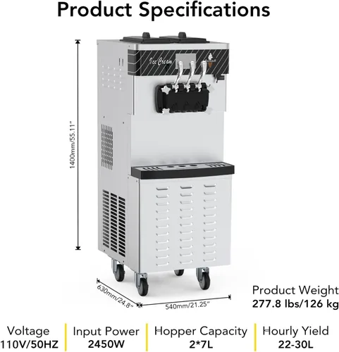 Vista 7 de Máquina de helado comercial suave, 3 sabores, capacidad de 14 L, panel LCD, compresor ompresor eléctrico para helados, ideal para restaurantes