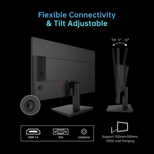 Vista 5 de KTC – Monitor de computadora de 24 pulgadas 1080P Full HD, 100Hz HDR10 sin marco, monitor de juegos con Freesync, puertos HDMI y VGA, monitor de PC
