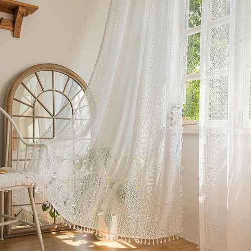 Vista 13 de Sutuo Home 2 paneles de cortinas bohemias de 63 pulgadas de largo para dormitorio, tratamientos de ventana bohemias de encaje de ganchillo Geometría