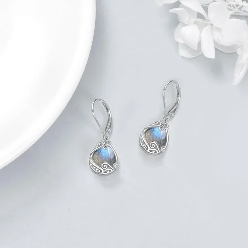 Vista 147 de Aretes colgantes con forma de lágrima de filigrana de piedra lunar de plata de ley 925 con cierre de palanca para mujer, regalos de joyería