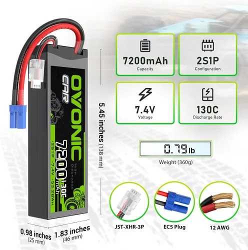 Vista 2 de OVONIC 2S LiPo Batería 7200mAh 7.4V 130C RC Batería con EC5 Conector