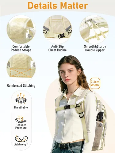 Vista 5 de Mochila transparente grande de doble capa, 17 pulgadas, resistente, transparente, para universidad, trabajo, Beige, Grande, Mochila de doble capa