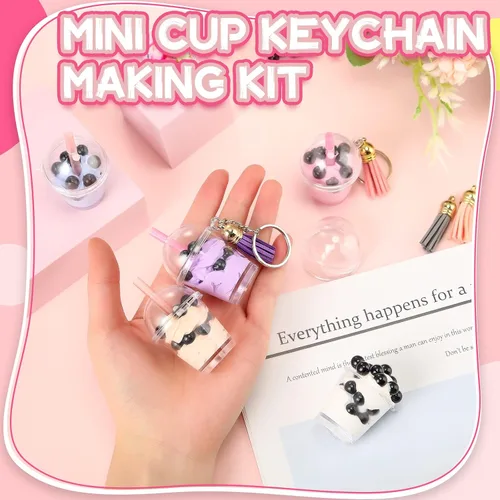 Vista 3 de Cunno 348 piezas de mini llaveros de té lechoso, accesorios de pegamento de té de burbujas, incluye anillos para llavero, mini taza, colgante
