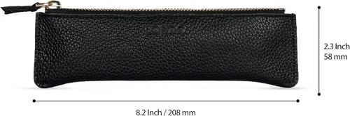 Vista 2 de Londo Estuche para bolígrafos y lápices de piel de vaca genuina con cremallera, soporte delgado para pluma estilográfica, bolsa para lápices Negro