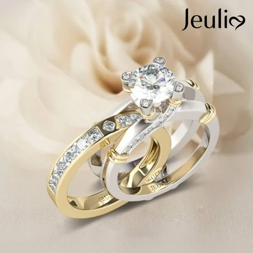 Vista 4 de JEULIA Juego de anillos de plata de ley con circonitas cúbicas para mujer, diseño intercambiable, para matrimonios, compromisos, aniversarios
