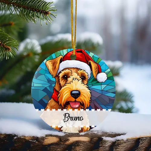 Vista 3 de Airedale Terrier - Adorno de Navidad para perro, regalo para Acción de Gracias, perros personalizados con sombrero de Navidad, adornos de Airedale
