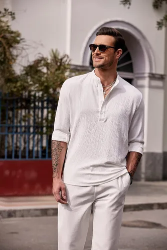 Vista 8 de COOFANDY Camisetas casuales Henley de manga larga para hombre, camisetas hippie de playa, camisetas de yoga y verano