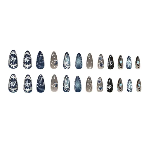 Vista 5 de 24 piezas de uñas postizas de punta francesa a presión, uñas postizas medianas en forma de almendra con diseño de ondas azul oscuro, uñas postizas