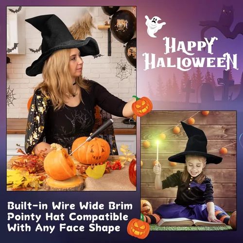 Vista 4 de Sombrero de bruja negro, disfraz de Halloween para mujeres adultas, 0.6 in de grosor, sombrero de mago Gandalf antiarrugas y se mantiene en pie