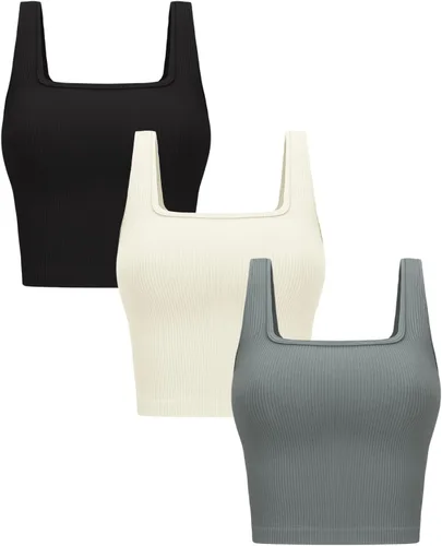 Vista 14 de OLCHEE - Camisetas cortas sin mangas para mujer, pack de 3, básicas, sin costuras, acanaladas, cuello cuadrado, para entrenamiento, verano Negro +