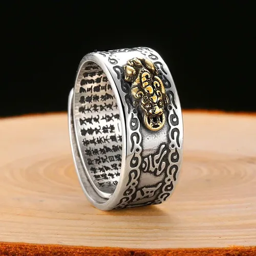 Vista 7 de Kucheed Anillo de mantra Feng Shui PiXiu, anillos budistas de plata de buena suerte, joyería de amuleto MANI, doble protección, riqueza amor salud