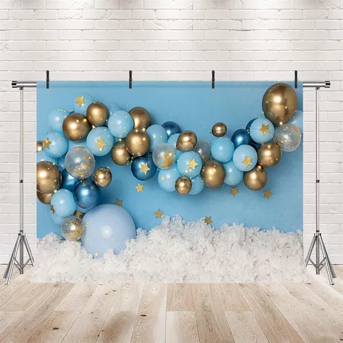 Vista 2 de MEHOFOND Fondo de fotografía de cumpleaños de niño de 7 x 5 pies para decoración de retratos, globos azules y dorados, globos azules y dorados