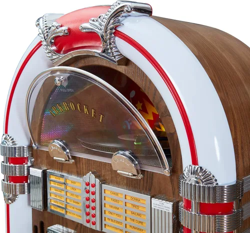 Vista 8 de ARKROCKET Jukebox Saturn V con soporte • Reproductor de discos de vinilo • USB • SD • AUX • Radio FM • MP3 • Reproductor de CD • Luz LED arcoíris •