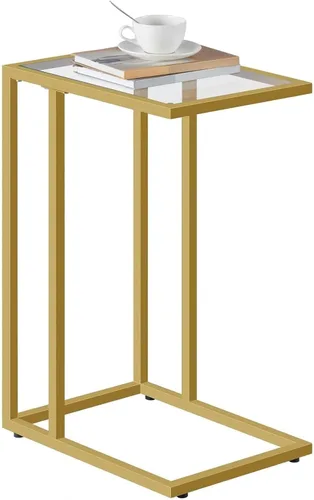 Vista 10 de HOOBRO - Mesa auxiliar en forma de C, mesa auxiliar de cristal con marco de metal Mesa de centro para espacios pequeños, estilo moderno, para sala
