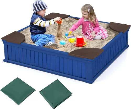 Vista 10 de Costzon Caja de arena para niños con cubierta, caja de arena de polietileno de alta densidad de 47 x 47 pulgadas con cubierta Oxford, forro Marrón
