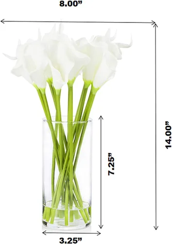 Vista 3 de Arreglo de flores artificiales de lirio de cala en jarrón de vidrio transparente con agua sintética para decoración del hogar (blanco)