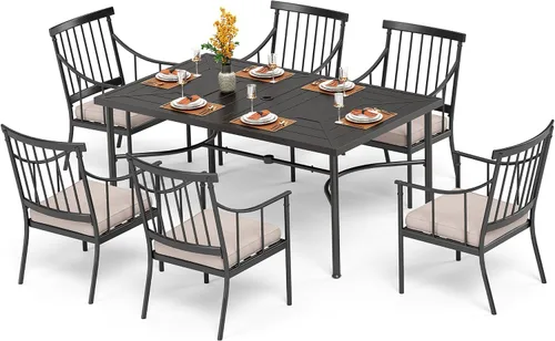 Vista 23 de PHI VILLA Juego de mesa de comedor para patio de 7 piezas con cojín para 6, mesa grande rectangular de metal para exteriores con orificio para Silla