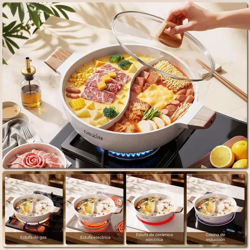 Vista 2 de Dezin Olla caliente de doble sabor con divisor, olla Shabu Shabu antiadherente de 5 cuartos de galón, olla caliente de doble cara de 12 pulgadas