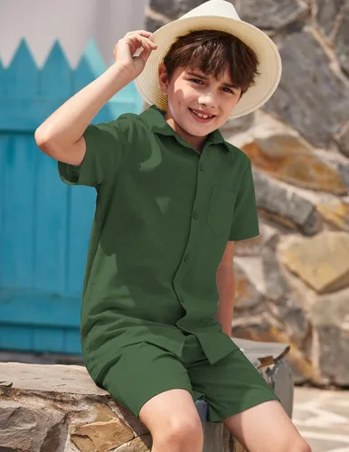 Vista 3 de COOFANDY Conjunto de camisa y pantalones cortos de algodón de manga corta con botones para niño de 2 piezas