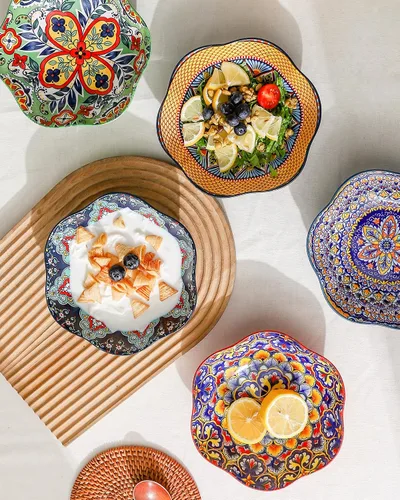 Vista 5 de HENXFEN LEAD Juego de 6 cuencos de cerámica coloridos de 20 onzas para sopa y cereales, cuencos bohemios para ensalada, pasta, aperitivos