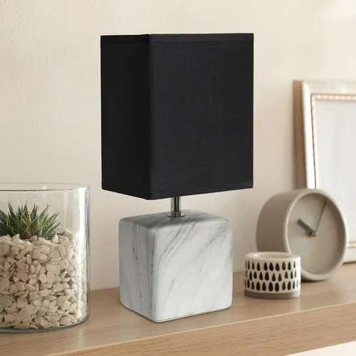 Vista 4 de Simple Designs LT2071-WOB - Mini lámpara de mesa blanca gris jaspeada de cerámica con pantalla negra para mesita de noche