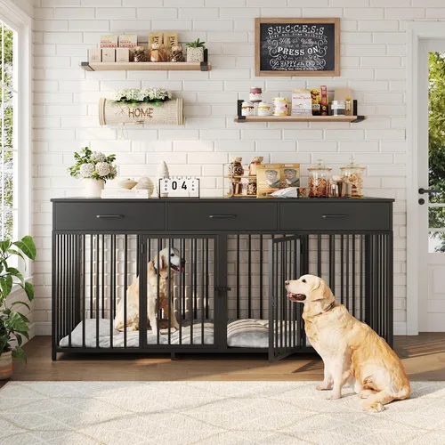 Vista 3 de HOSTACK - Jaula doble para perros, 71 pulgadas de ancho, muebles de interior para 2 perros, color negro 3 Drawers for Easy Storage, Heavy-Duty