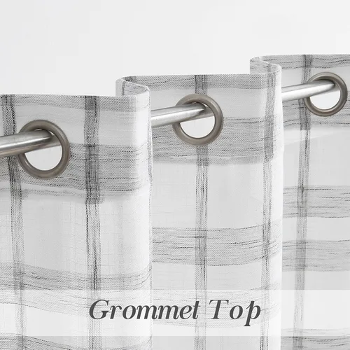 Vista 5 de SXZJTEX Cortinas a cuadros grises y blancos, cortinas rústicas de lino traslúcido a cuadros de 63 pulgadas de largo para sala de estar, dormitorio