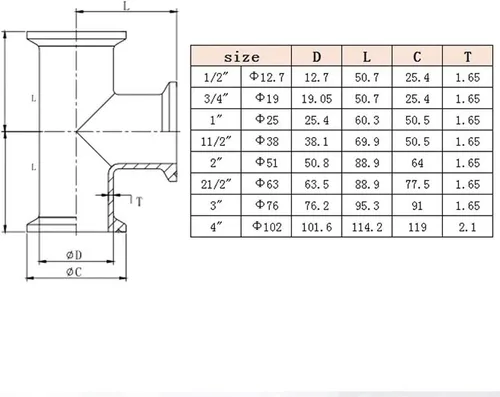 Vista 2 de Beduan 1.5 pulgadas Tri Clamp Tee de 3 vías de acero inoxidable sanitario, paquete de 1 (tubo de 0.984 in, diámetro exterior de virola de 1.988 in)