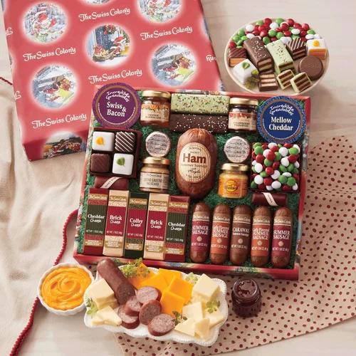 Vista 2 de The Swiss Colony 25 productos ideales para Navidad - Carnes de salchicha surtidas, bloques de queso y untables, variedad de chocolates dulces