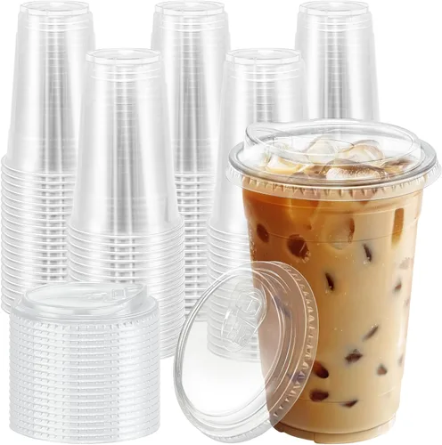 Vista 9 de BYSNOW Paquete de 100 vasos de plástico transparente de 16 onzas con tapas, tazas desechables para café helado con tapas para sorber, vasos