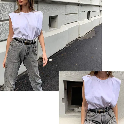 Vista 6 de Meladyan Camiseta sin mangas de algodón sólido con hombros acolchados para mujer, cuello redondo, holgada, sin mangas