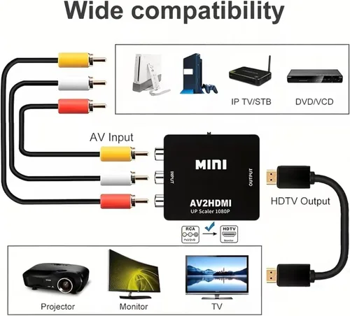 Vista 9 de Convertidor RCA a HDMI, AV a HDMI, 1080P Mini RCA Compuesto Video Audio Adaptador Convertidor Compatible con TV/PC/PS3/Xbox VHS/VCR/Blue-Ray