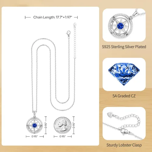 Vista 20 de Peeshow Collar para mujer, brújula, piedra natal, joyería de cumpleaños, aniversario, ideas para su novia, regalo romántico de amor en Navidad, día