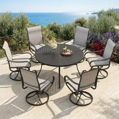 Vista 30 de PHI VILLA Juego de comedor de 5 piezas para patio al aire libre con sillas giratorias (azul) y mesa de comedor de acero de metal de 37 x 37 pulgadas