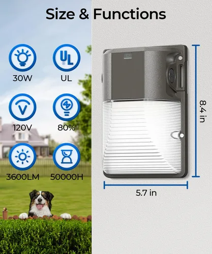 Vista 7 de CINOTON Paquete de luz LED de pared 3CCT de 30 W con sensor de atardecer a amanecer, 3000 K/4000 K/5000 K seleccionable, 3600 LM, luces de pared al