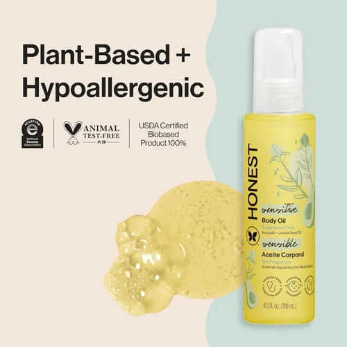 Vista 2 de The Honest Company Aceite corporal hidratante sin fragancia, nutre y calma la piel del bebé, a base de plantas, hipoalergénico, vegano, 4.0 onzas