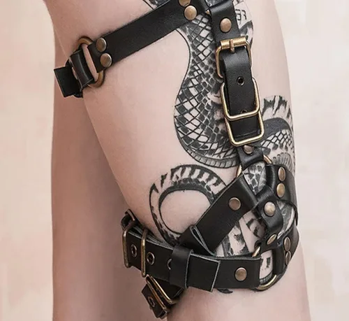 Vista 9 de Arnés de cuero para piernas, estilo punk, negro, ligueros, rave, club, fiesta, muslo, cadena para piernas, joyería para el cuerpo para mujeres