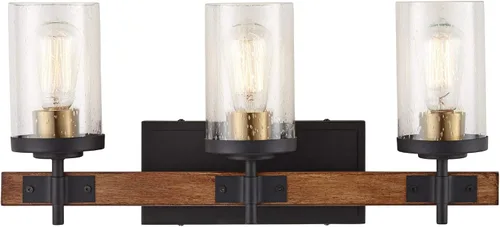 Vista 5 de Possini Euro Design Kata Farmhouse - Lámpara de pared rústica de madera sintética negra con cable de 22 pulgadas, 3 lámparas, cristal cilíndrico