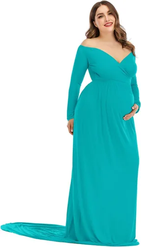 Vista 4 de ZIUMUDY Vestido de maternidad con hombros descubiertos y medio círculo, maxi vestido de fotografía para baby shower